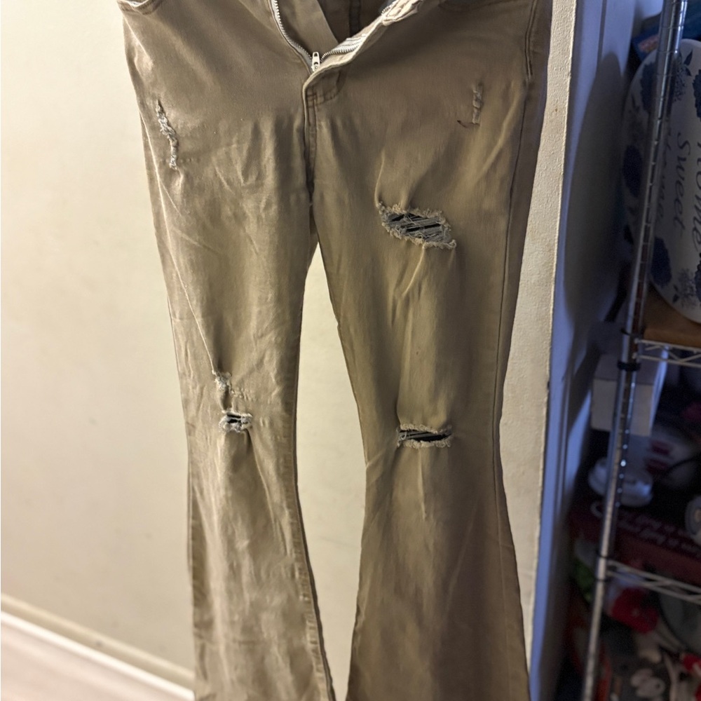SHEIN Khaki Flare Jeans with Distressed Detail